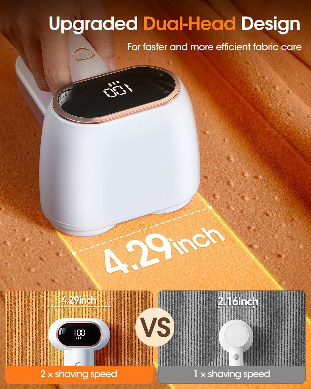 Fabric Shaver and Lint Remover, 6 Stainless Steel Blades, Dual-Head Rechargeable Sweater Shaver with LED Display, 3 Speeds, Electric Defuzzer for Clothes, Fuzz, Pills and Furniture