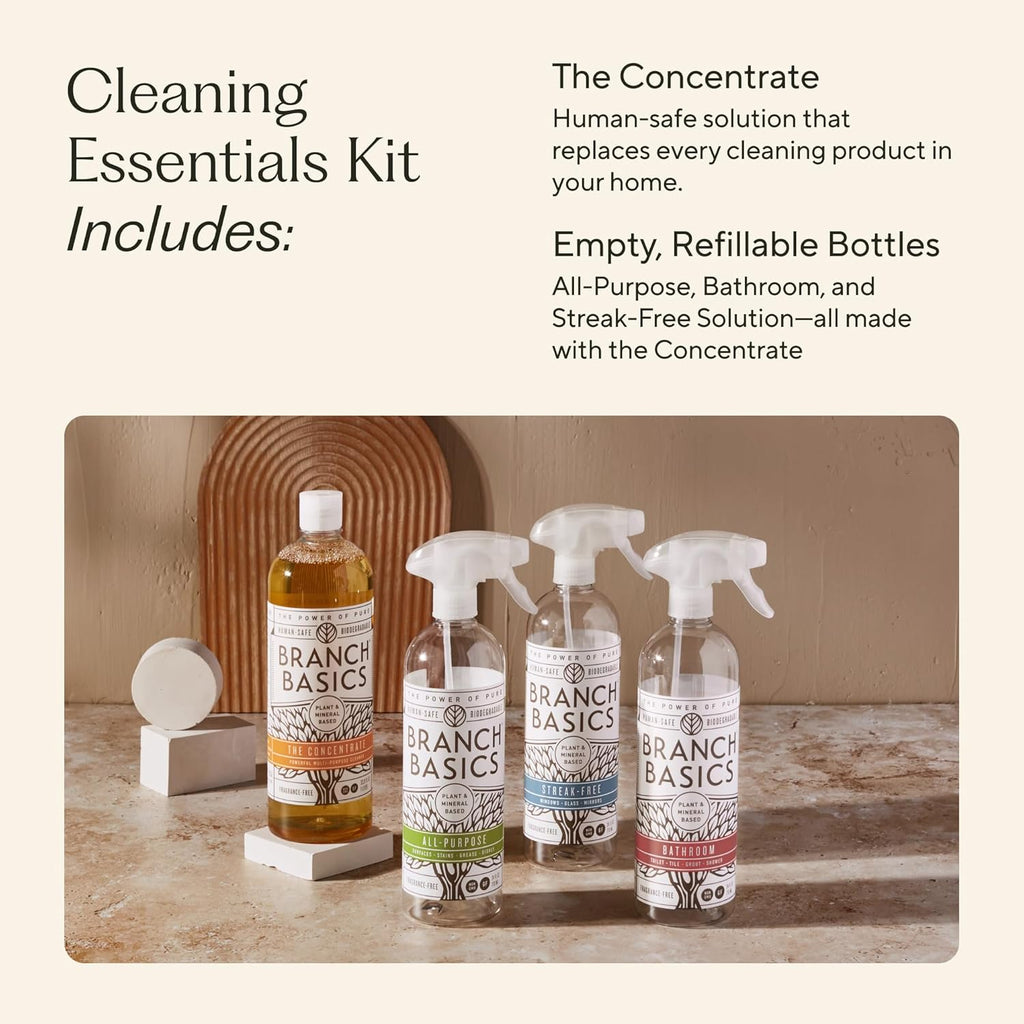 Branch Basics Cleaning Essentials Kit: All Purpose Spray, Glass Cleaner, and Bathroom Cleaner - Concentrate (33.8 Oz) + Plastic Spray Bottles for Cleaning (24 Oz) Non-Toxic, Fragrance-Free