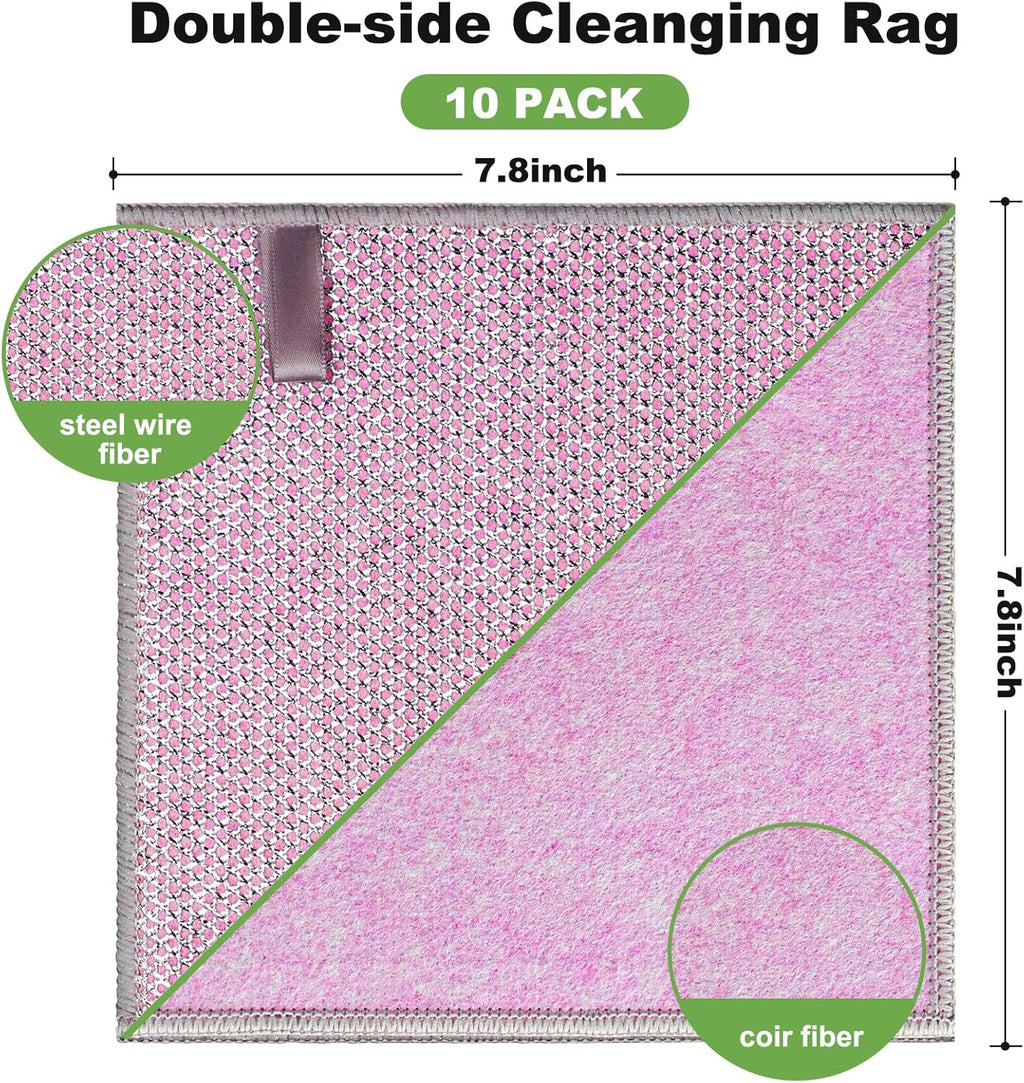 10pcs Non Scratch Wire Dishcloth Multipurpose Wire Dishwashing Rag for Wet and Dry,Metal Scrubbers for Cleaning Dishes,Dual-Sided Kitchen Cleaning Cloths with Mesh,Cleaning Tool for Pot, Pink