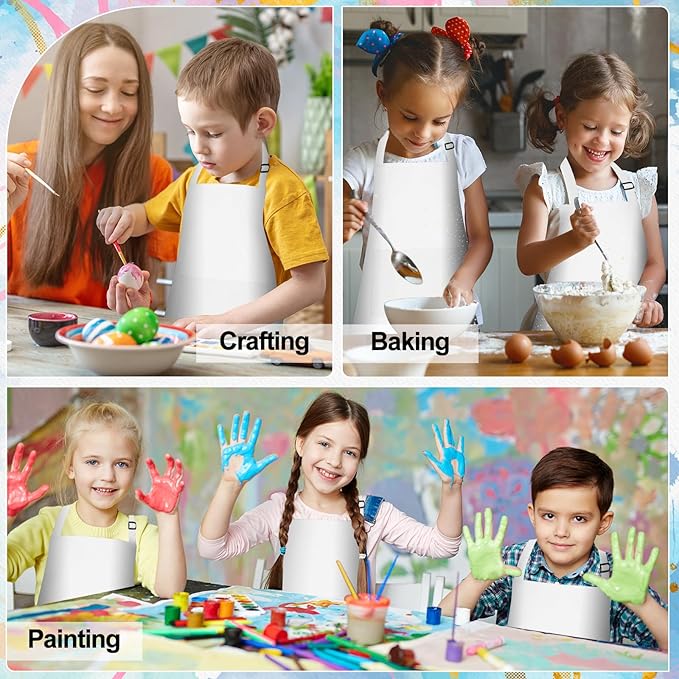 PLULON 20 Pcs Kids Apron Bulk Adjustable White Chef Apron with 2 Pockets Painting Aprons for Kids Cooking Baking Crafts (White)