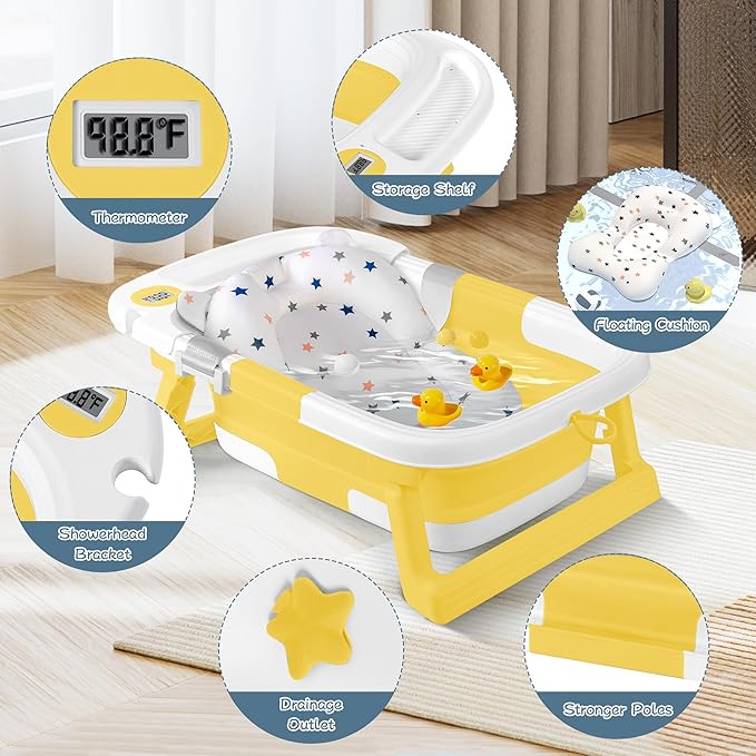 Collapsible Baby Bathtub,Baby Bath Tub with Thermometer & Soft Cushion,Baby Bathtub for Newborn to Toddler 0-36 Months,Portable Travel Baby Tub with No-Slip Feet,Baby Shower Gifts,Yellow
