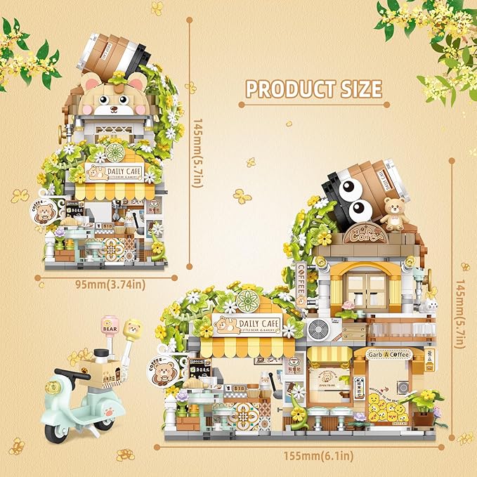 Street View Coffee Shop Mini Building Blocks, MOC Creative Building Toys Cute Animals Building Set for Girls 6-12, Simulation Architecture Construction Toy, Gift Idea for Kids Adults (1077 PCS)