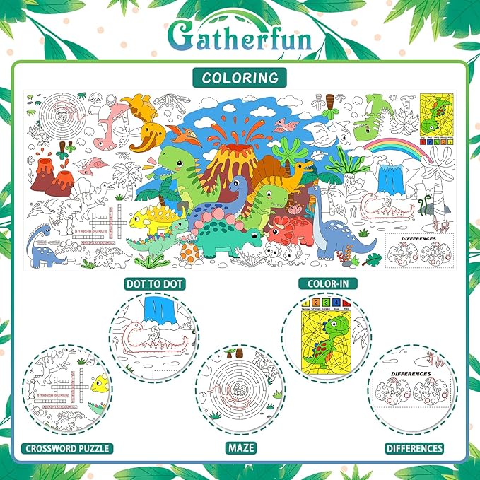 Gatherfun Dinosaur Party Giant Coloring Poster - 31.5x 72 Inches - Versatile Classroom Wall Décor & Birthday Activity - Dinosaur Poster or Table Cover for School Parties and Special Events
