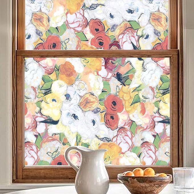 Window Privacy Film, Frosted Glass Decorative Static Cling, Removable Sun Blocking Vinyl Covering, Window Film for Home Kitchen Living Room Bathroom, Oil Painting Flowers, 17.5" x 78.7 "