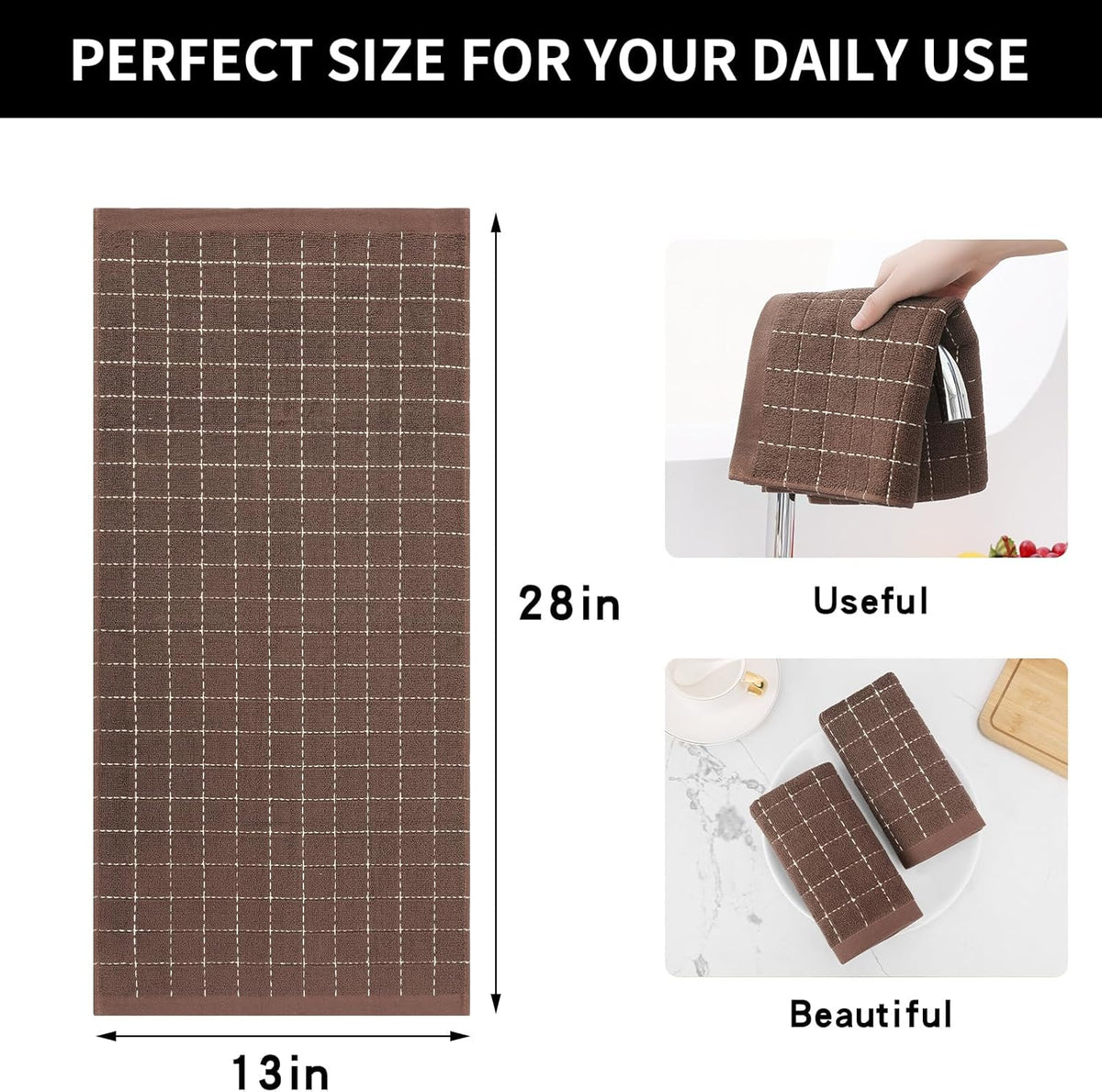 Homaxy 100% Cotton Terry Kitchen Towels(Brown, 13 x 28 inches), Checkered Designed, Soft and Super Absorbent Dish Towels, 6 Pack