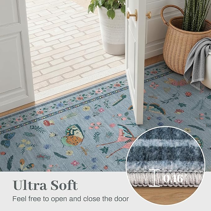 5x7 Washable Area Rug with Insect Print - Bug Rug Non-Shedding Stain Resistant Soft Carpet for Bedroom, Low Pile Ultra-Thin Machine Washable Carpet for Dining Room, Kids Nursery, Office (5'x7' Blue)