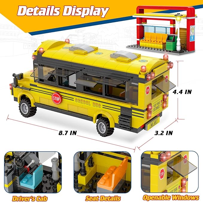 School Bus Building Blocks Set, City School Day Bus Construction Playset with School Bus & Station, Education Learning Roleplay STEM Brick Toys Ideal Gift for Kids, Boys Girls Aged 6+ (488 Pieces)