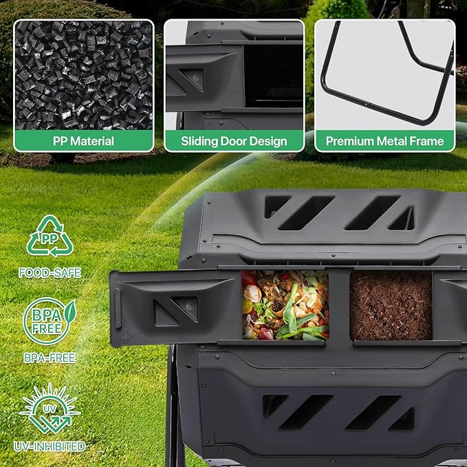 Athena Collection Compost Tumbler, 43 Gallons Dual Composter Chamber Outdoor, Easy Turn & Fast Rotating Compost Bins with 2 Sliding Doors, Easy Assembly, for Garden, Yard and Outdoor Use