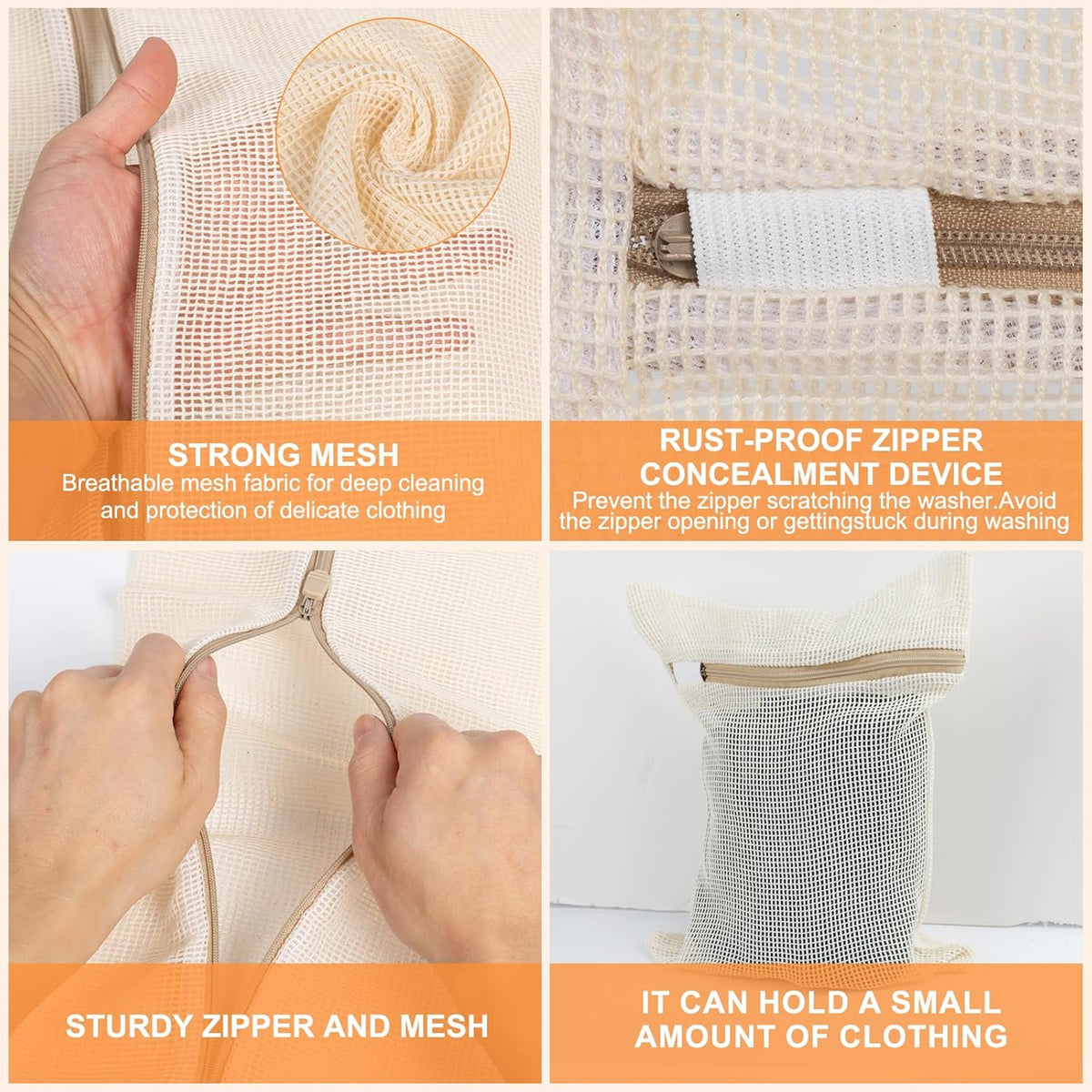 4 Piece Small, Durable Organic Cotton Mesh Laundry Bag with Strong Zipper and Breathable Mesh, Delicate Laundry Bag for Underwear, Clothes, Pants and Socks