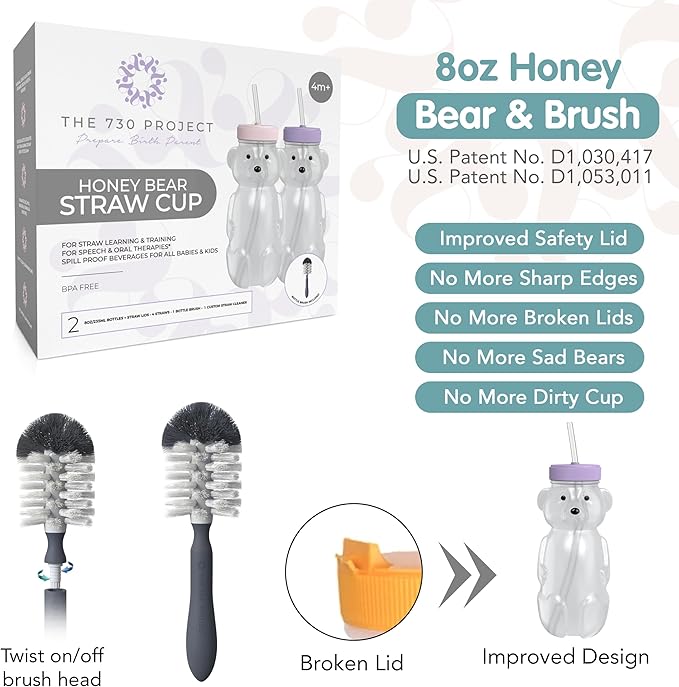 Honey Bear Straw Cup for Babies, 8oz Honey BearCup with Bottle Brush, 2-Pack Improved Lid Therapy Learning Honeybear Straw Cup for Baby, Blizzard & Creamsicle