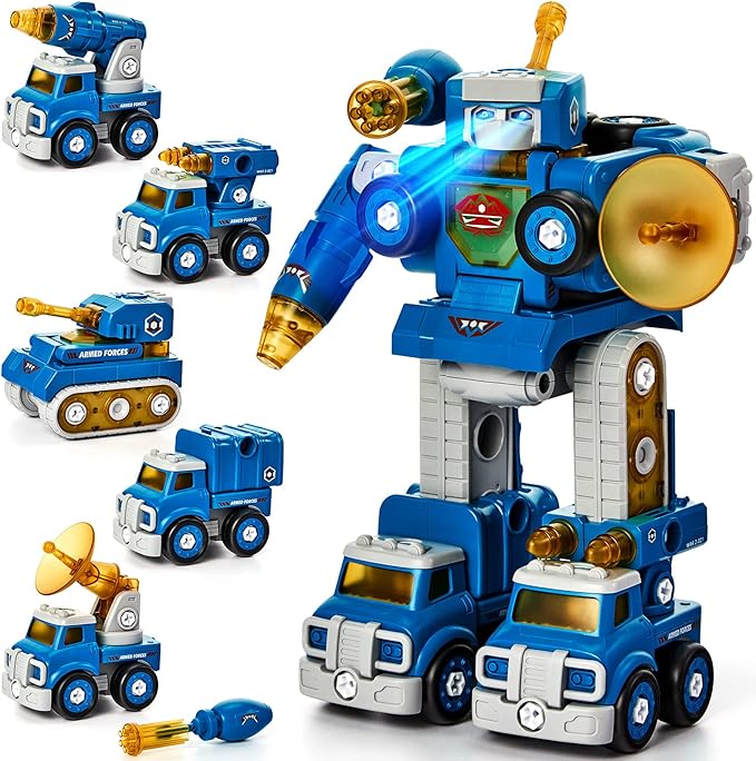 hahaland 5 Year Old Boy Birthday Gift - STEM Toys for Ages 5-7, Toy for 5 6 Year Old Boy, 5 in 1 Building Take Apart Trucks Transform to Robot, Boys Toys Stocking Stuffers for Kids Christmas Ages 5-8