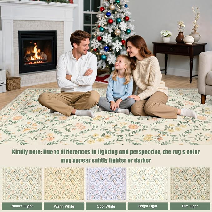 10x12 Area Rugs for Living Room: Floral Washable Rug Vintage Large Soft Boho Non-Slip Carpet Stain Resistant Low Pile Carpets for Bedroom Dining Room Farmhouse Nursery Hallway Home Office Beige/Multi
