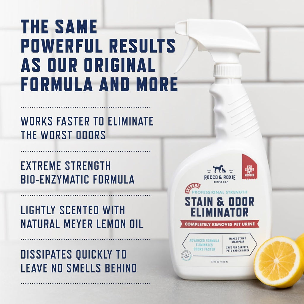Rocco & Roxie Extreme Stain & Odor Eliminator for Strong Odor, Pet Urine Enzyme Cleaner Destroyer, Stain Remover, Dog Poop and Cat Pee, Enzymatic Carpet Cleaner Spray for Home, Puppy Potty Training