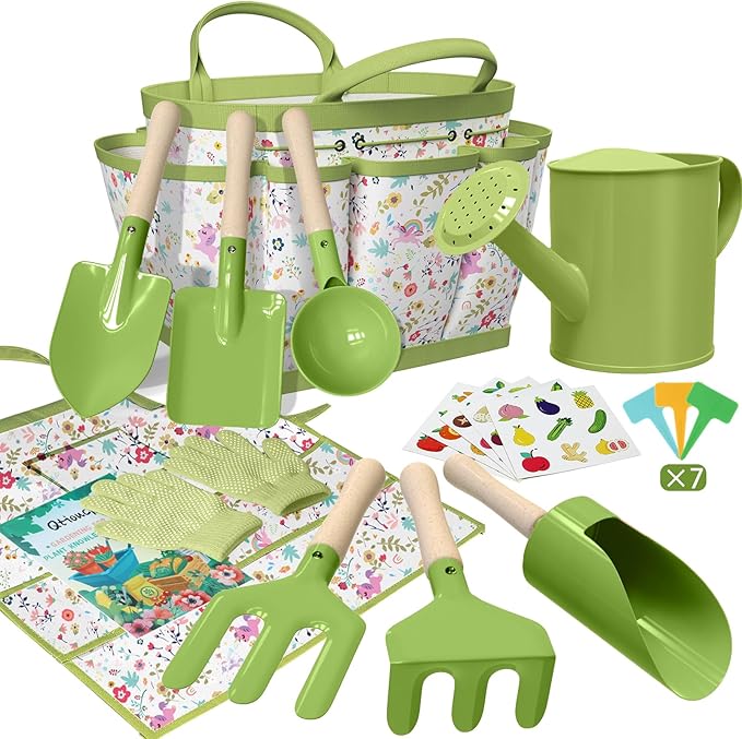Kids Gardening Set 14Pcs Gardening Tools for Kids with Tote Bag,Watering Can, Shovel, Apron, Garden Book and More Educational STEM Learning Outdoor for Toddlers Boys Girls (Green-1)