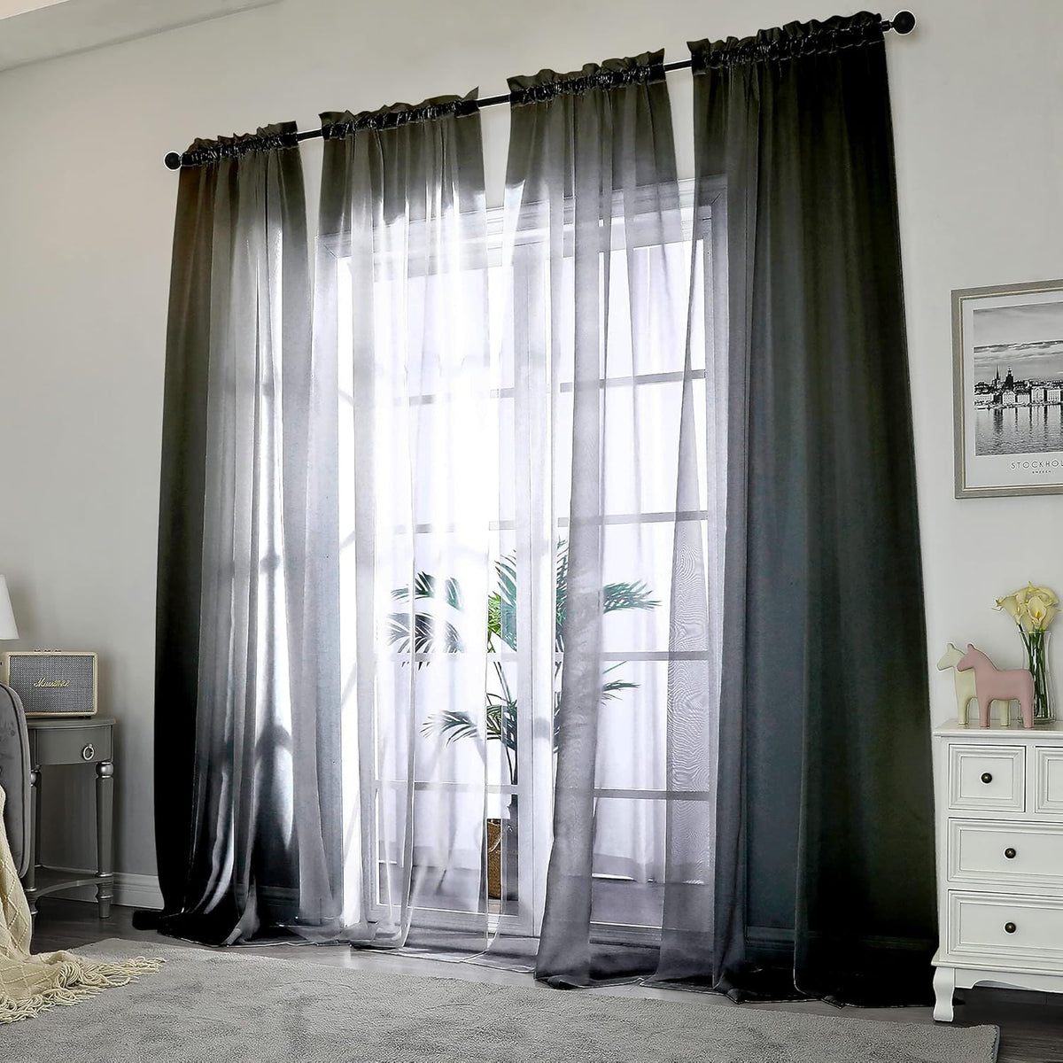 Chyhomenyc Extra Long Black Sheer Curtains 144 inch 2 Panels Set, Translucent Backdrop Window Scarf Drapes for Canopy Bed/Wedding/Living Room/Anniversary, 12FT Length, Each 42Wx144L in, 2PCS, Black