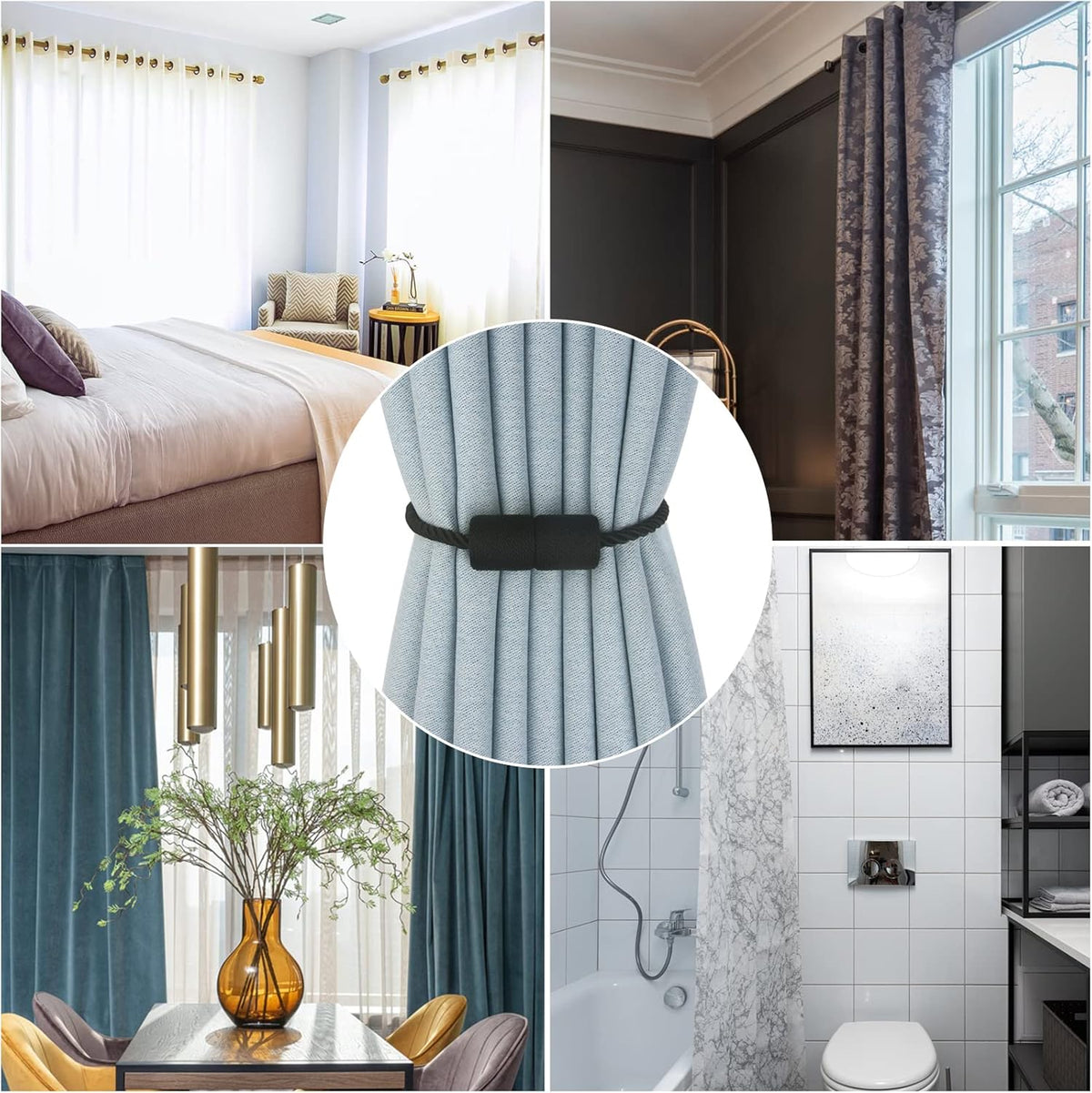Magnetic Curtain Tiebacks 6 Pack Black Curtain Rope Tieback Curtain Holders for Drapes Modern Tie Backs Decorative Curtain Holdbacks