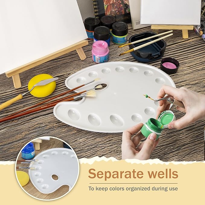 DUGATO Large Oval Paint Palettes (2 Pack, 14x10.5 inches) - 14-Well Plastic Mixing Trays for Acrylic, Oil, Watercolor & Gouache - Artist Supplies