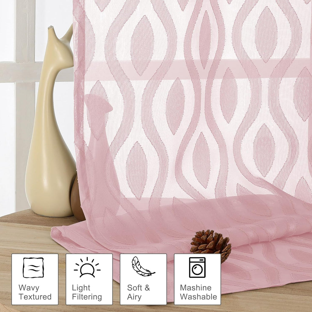 Aiyufeng Pink Curtains Kitchen 14 Inch Length, Clip Jacquard Chic Wavy Line Blush Valances for Windows, Lightweight Airy Rod Pocket Short Curtains for Bathroom Basement, 2 PCS, 40" Wx14 L Inches