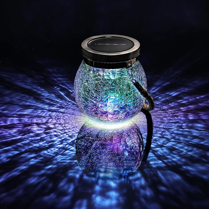 Cooo 6 Pack Solar Lantern Outdoor Waterproof Iridescent Crackle Glass with 215% Larger Solar Panel, Stainless Steel Lid – Rainbow Glass Hanging Light with Cool White LED for Garden Patio Table