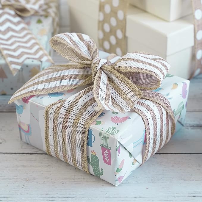 MEEDEE Burlap Wired Ribbon with White Stripe - 2.5 Inch Wired Ribbon for Cakes, Gift Baskets, Wreaths, Rustic Decor, Baby Showers, Beach, Farmhouse, 10 Yards