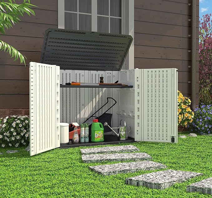 HOMSPARK Storage Shed Weather Resistance, Multi-Purpose Outdoor Storage Cabinet for Backyards and Patios, 26 Cu.ft Capacity Horizontal Storage Shed for Bike, Lawnmower, Trash Cans, Patio Accessories