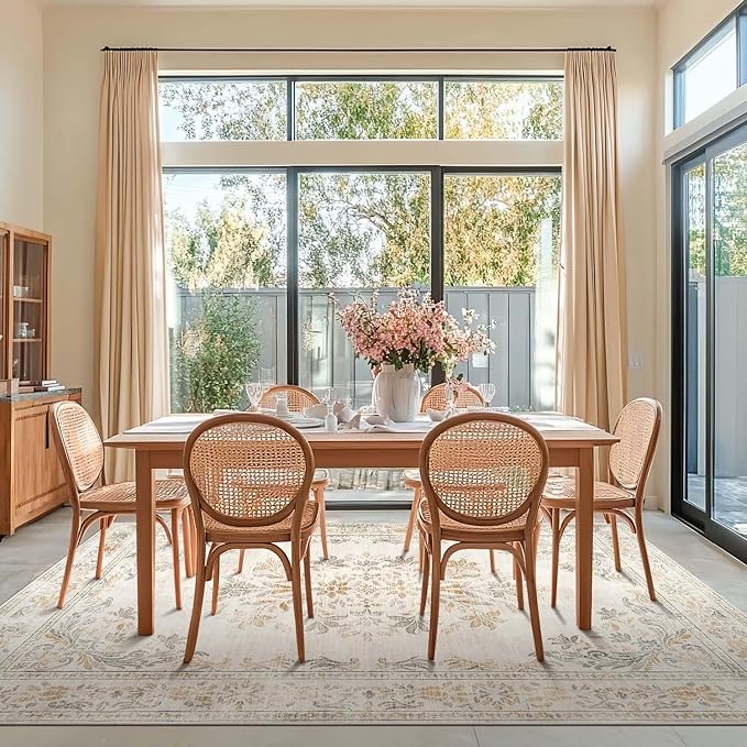jinchan Vintage Floral 6x9 Area Rugs for Living Room - Machine Washable Distressed Design Soft Throw Rug Ultra-Thin Non-Slip Large Carpet for Bedroom Nursery Dining Room Home Office (6x9ft,Light Grey)