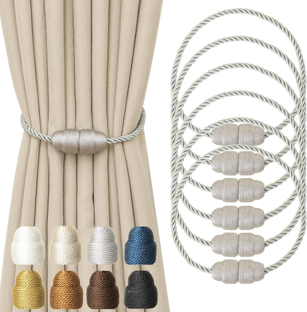 Magnetic Curtain Tiebacks Rope Curtain Tie Backs for Curtains 6 Pack Curtain Holders for Drapes Decorative Window Curtain Holdbacks, Grey
