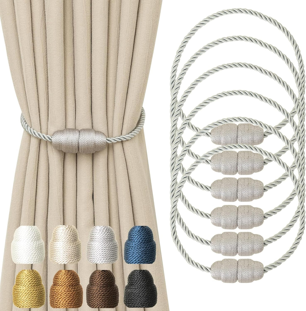 Magnetic Curtain Tiebacks Rope Curtain Tie Backs for Curtains 6 Pack Curtain Holders for Drapes Decorative Window Curtain Holdbacks, Grey