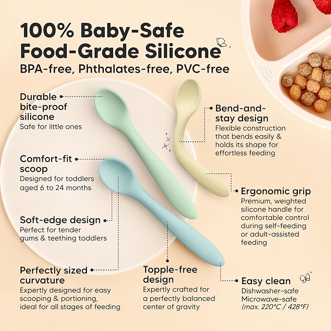 KeaBabies Silicone Baby Spoons, Self Feeding 6-12 months - 3-Pack Baby Weaning Eating Utensils,Toddler First Food Training Spoon,Infant,Kids Feeding Supplies Essential Set,Dishwasher-safe (Pastel Sky)