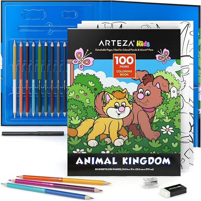 ARTEZA Kids Coloring Book and Colored Pencils Kit, Animal Kingdom Illustrations, 50 Double-Sided Sheets, 100lb Paper