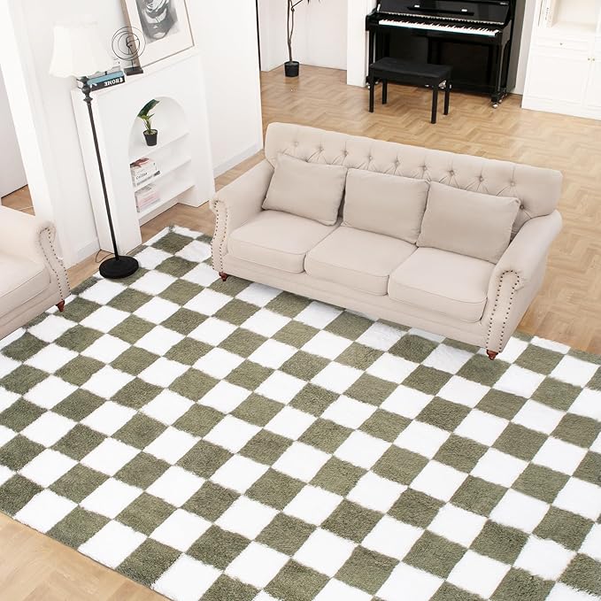Super Soft Rug for Bedroom, 5x8 Ft Green and White Area Rug Classic Checkered Shaggy Anti-Skid High Pile Soft Fluffy Rug Fuzzy Carpet for Living Room Bedroom Kids Room Nursery, Dorm Home Decor