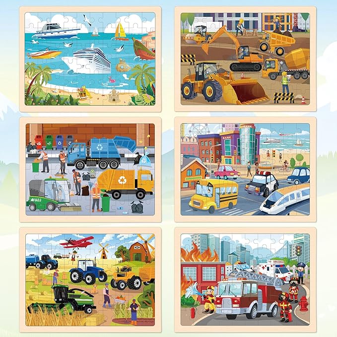Wooden Puzzles for Kids Age 3 4 5 Year Old, 6 Pack 60 Pcs Toddler Jigsaw Puzzles for Girl Boy Animals Space Activities Preschool Learning Educational Birthday Gift Travel Autistic Wooden Toys