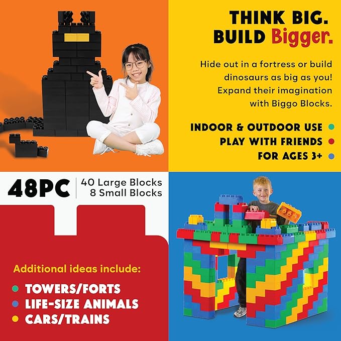 Big Blocks for Kids Ages 4-8 — Indoor & Outdoor Blocks Kids Games — Black Large Building Blocks - 48 pc