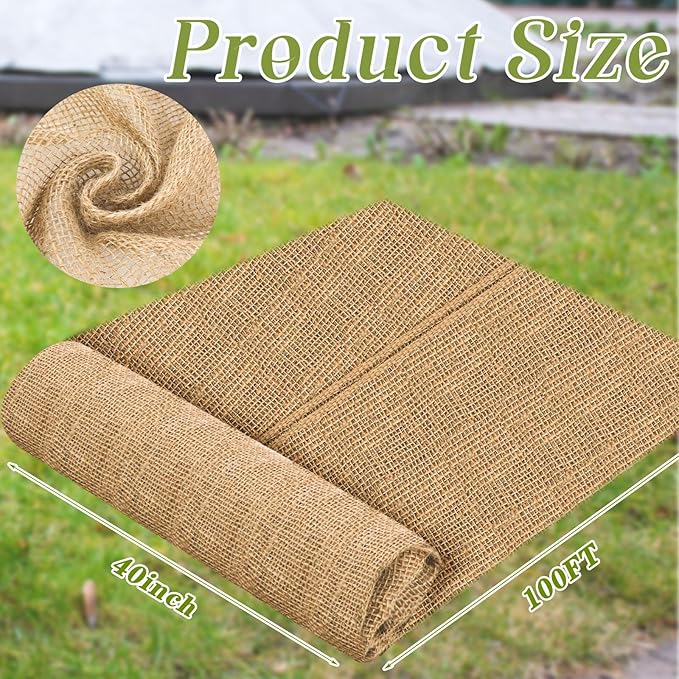 Buryeah 40 Inch x 100 ft Burlap Fabrics Roll Natural Jute Burlap Tree Wraps Protector Winter Frost Plant Blankets Cloth Weed Barrier Fabric Garden Plants for Winter Outdoor Trees Shrubs Party