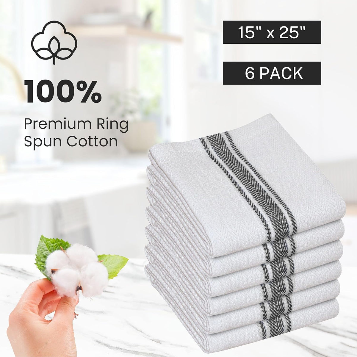 WHITEWRAP Kitchen Dish Towels for Kitchen, Highly Absorbent for Drying and Cleaning, Durable and Soft Tea Towels – 6 Pack, 100% Ring Spun Cotton 15 x 25 Inches – Black