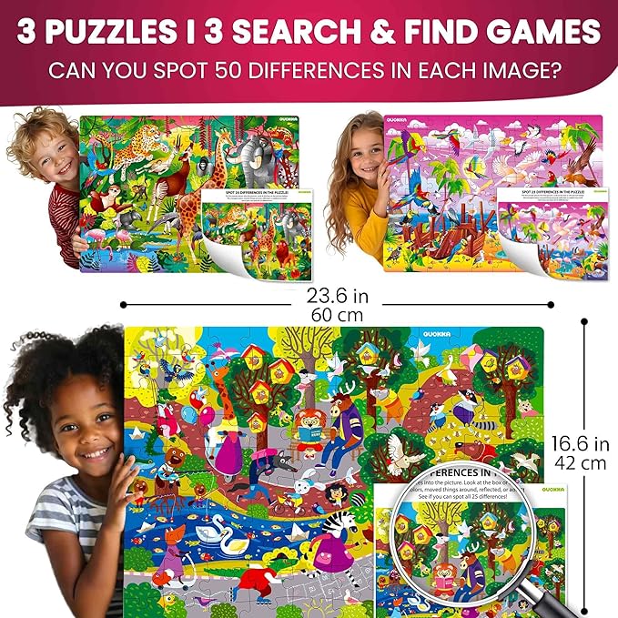 QUOKKA 100 Piece Puzzles for Kids Ages 8-10 – 3XSET Puzzles for Kids Ages 4-6 – Toy for Learning Wildlife Neighbors and Feathered Friends for 5-8 Year Old – Toddler Game Gift for Boy and Girl