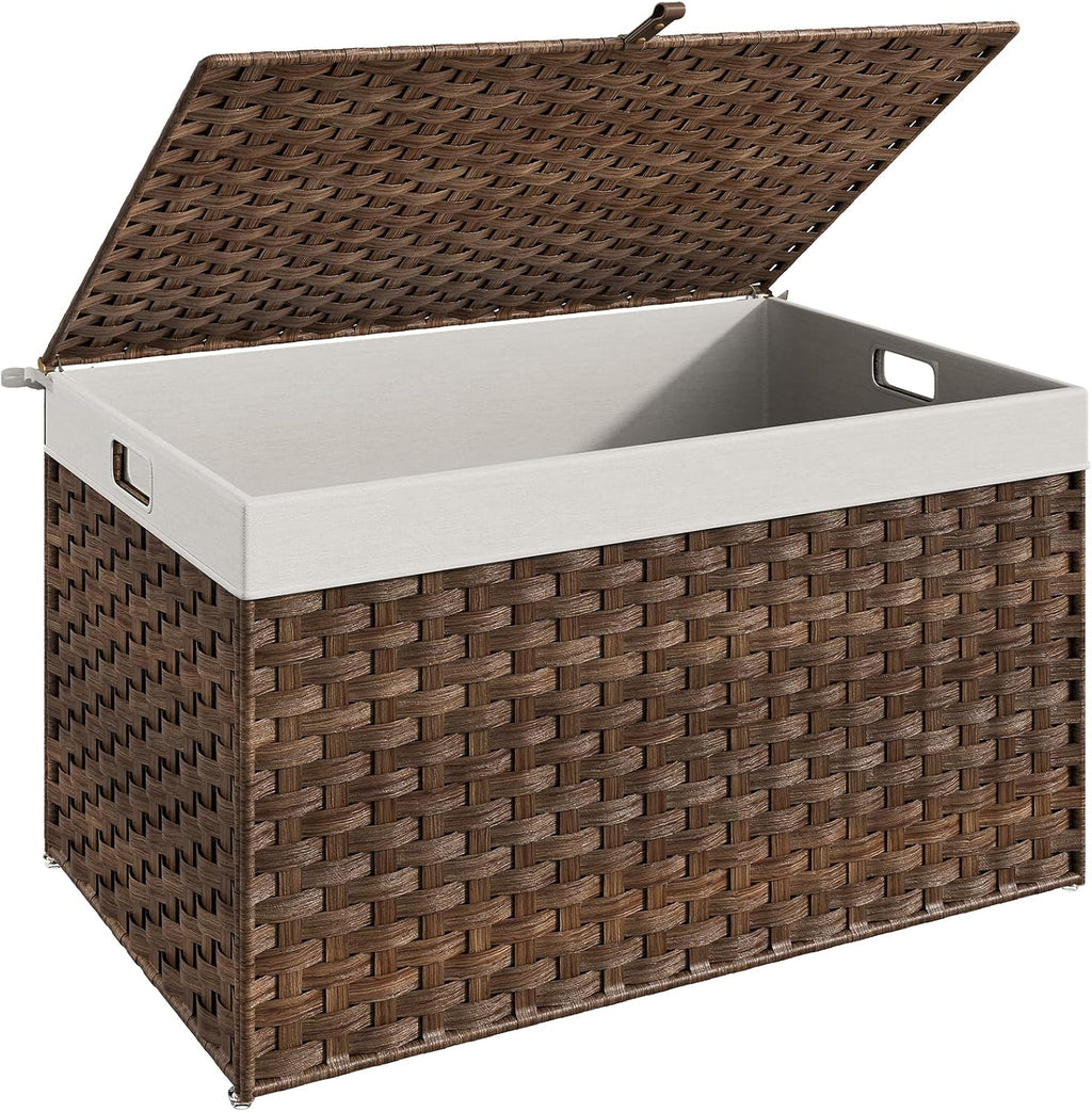 HOOBRO Storage Basket with Lid, 42.3 Gallon (160L) Wicker Basket, Handwoven Blanket Storage Basket with Handles, Metal Frame and Soft Lining, Foldable for Bedroom, Laundry Room, Brown BR216CW01