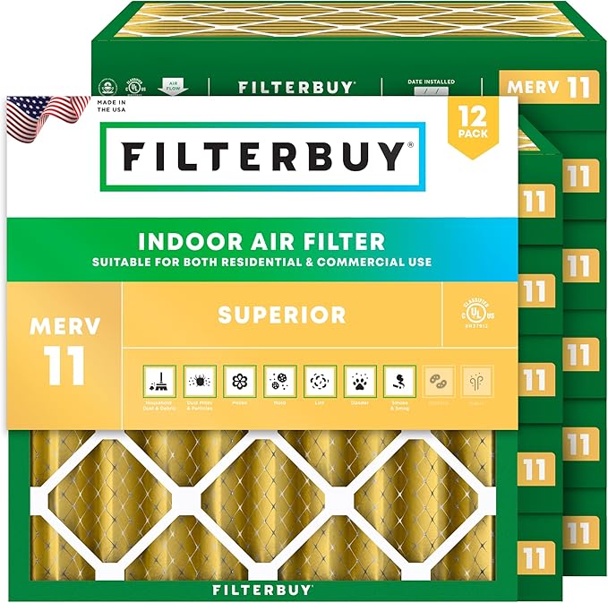 Filterbuy 25x25x4 Air Filter MERV 11 Superior Pet & Allergy Defense (12-Pack), Electrostatic Pleated HVAC AC Furnace Filters Replacement, Made in USA (Actual Size: 24.50 x 24.50 x 3.63)