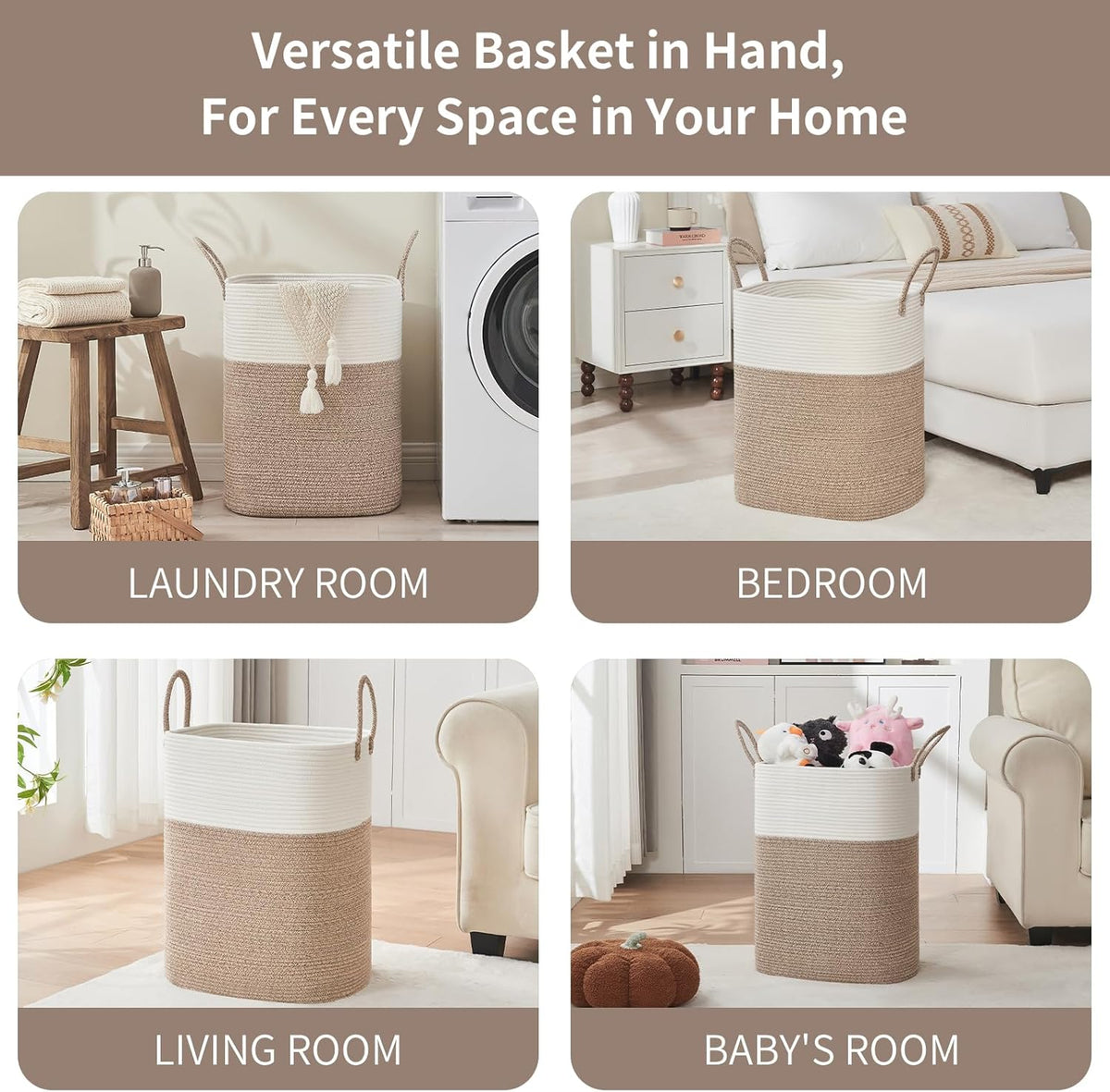 Laundry Basket with Handles - Blanket Basket & Hampers for Bedroom Aesthetic, Laundry Hamper & Blanket Storage for Living Room, Clothes Hamper, Tall, Large 17" x 14" x 26”, White & Rice Brown
