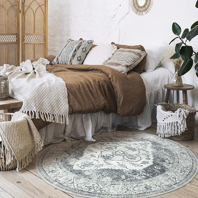 Lahome Boho Round Area Rug - 3Ft Round Rug Non-Slip Washable Bathroom Rug Low-Pile Throw Small Circle Carpet for Bedroom, Oriental Distressed Print Grey Round Mat for Entryway Sofa Kitchen Office