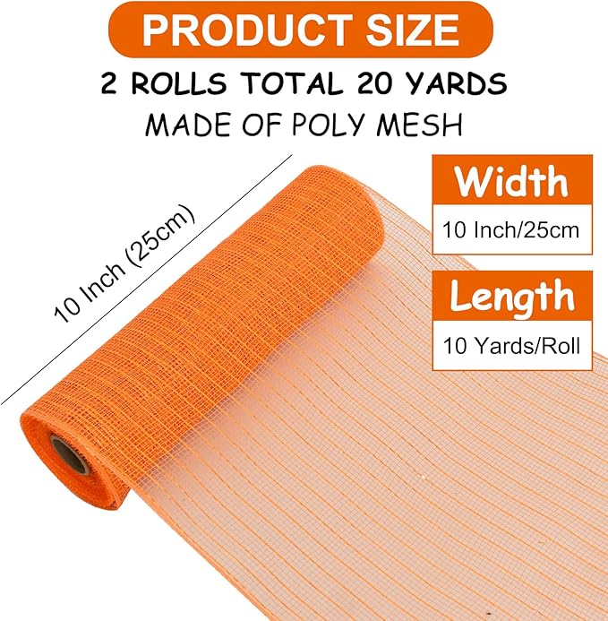 TONIFUL 2 Rolls 10 Inch Orange Decorative Mesh Ribbbon Rolls, Fabric Mesh with Foil for Wreath Supplies, Front Door Wreath Crafts Tree Decor Christmas Halloween Decoration Thanksgiving (10 yds/roll)