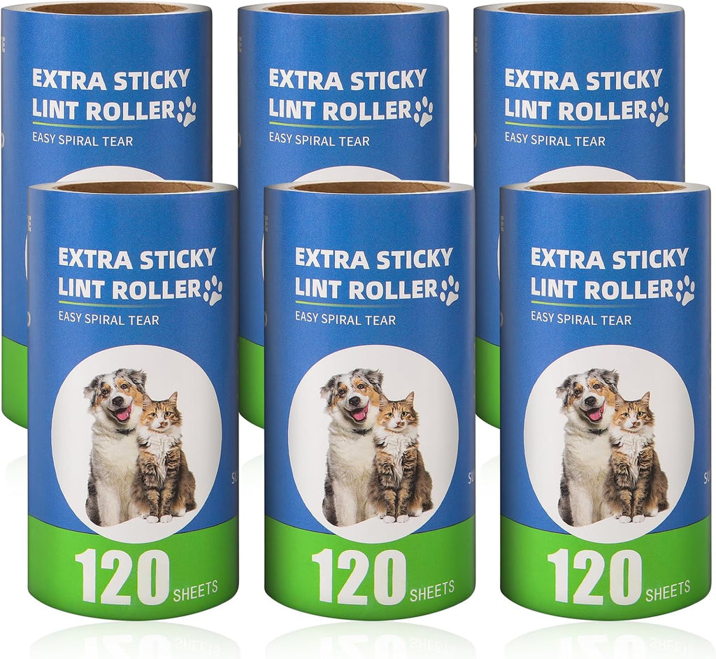 Extra Sticky Lint Roller Refills 6 Pack (720 Sheets) fit 3.8"-4" Standard Size Lint Roller Sticker with Inner Diameter at 1.5" for Pet Hair, Clothes, Furniture, Cars, No Handle Included