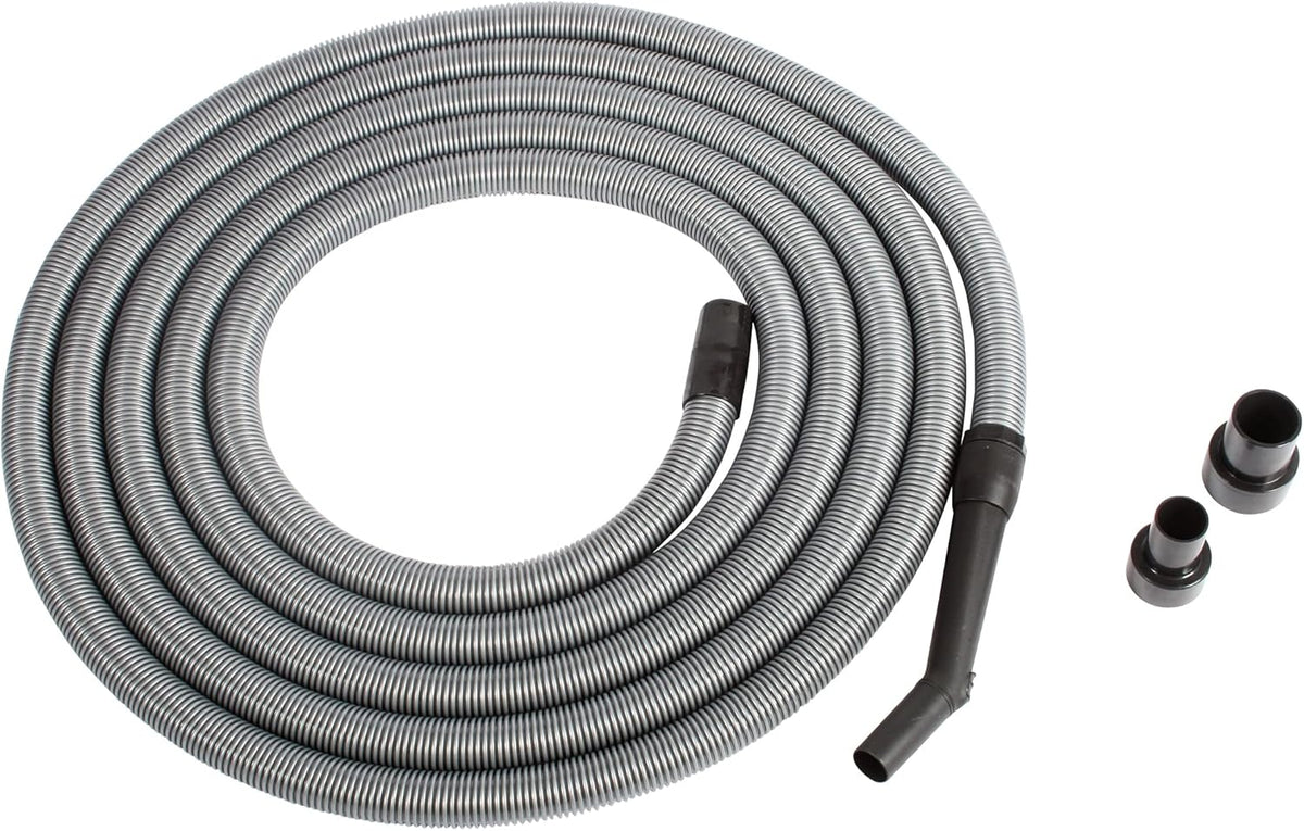 Cen-Tec Systems 30 Ft. Premium Shop Vacuum Extension Hose with 2 tank adapters and 1.25" curved end, Silver