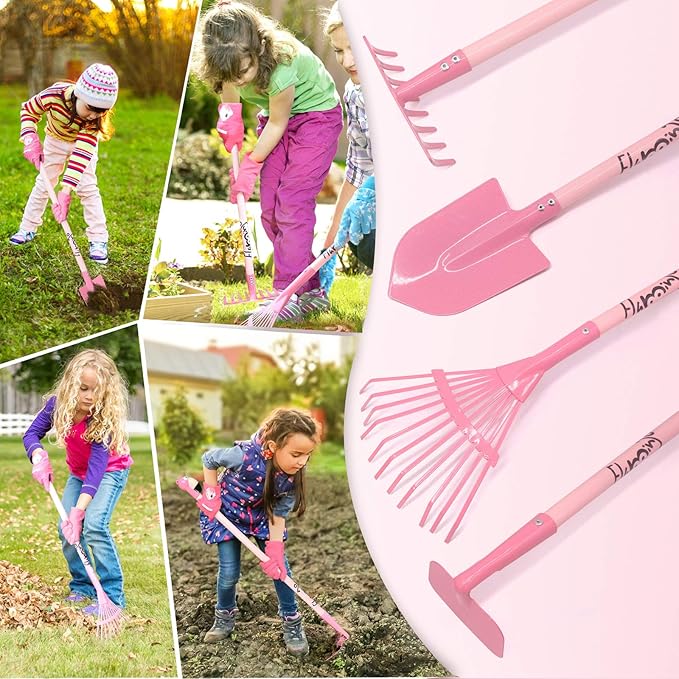 Kids Gardening Tool Set Pink, Kid Rake and Shovel Set, 29.6'' Metal Leaf Rake, Shovel, Hoe and Mini Garden Yard Tools, Gardening Toy Gift for Kids Age 3+ Years(Pink), Develop Intelligence