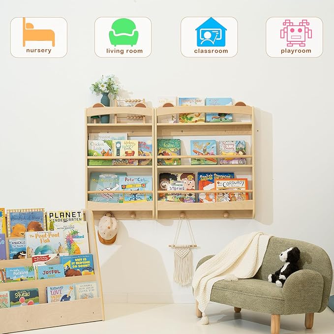 Wall Bookshelf - 3-Tier Floating Wooden Shelves for Kids Room, Nursery, Baby Room, Playroom, Living Room - Birch Hanging Montessori Bookshelf (Narrow)