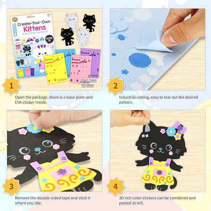VKPI 4 Pieces Cats Foam Art Crafts Gift Kit, Creative Make Your Own Kittens, Cartoon Foam Paper Craft Projects for Kids Ages 4+ Toddler, Preschool Learning Toy for Birthday Party Favor Supplies