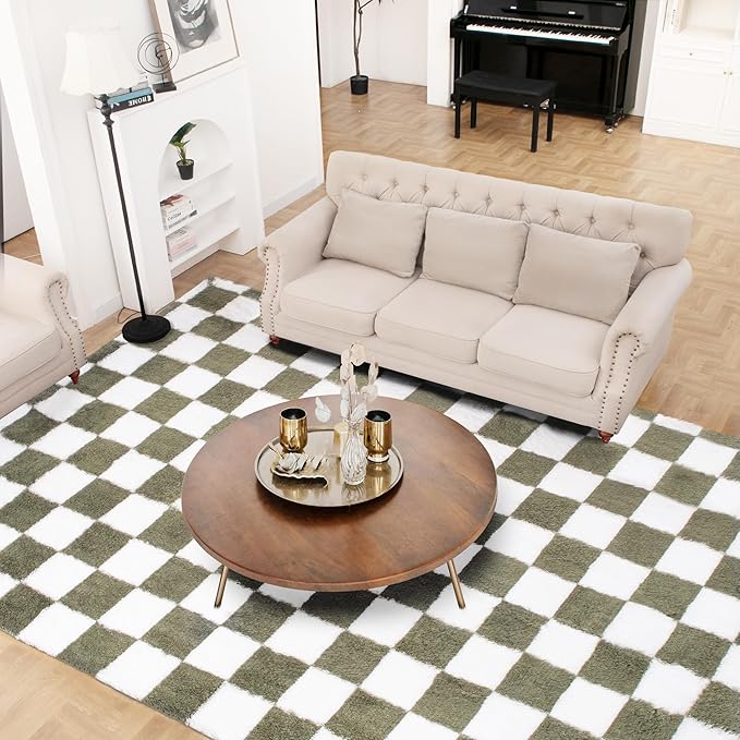 Super Soft Rug for Bedroom, 6x9 Ft Green and White Area Rug Classic Checkered Shaggy Anti-Skid High Pile Soft Fluffy Rug Fuzzy Carpet for Living Room Bedroom Kids Room Nursery, Dorm Home Decor