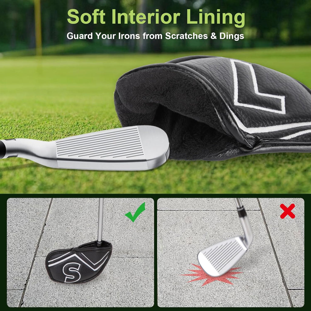 Welspo Magnetic Leather Golf Iron Head Covers 11 Pack Synthetic Leather Club Headcover, Embroidered Club Label on Both Sides of Golf Club Covers for Irons and Wedge, Universal Fit Main Iron Clubs