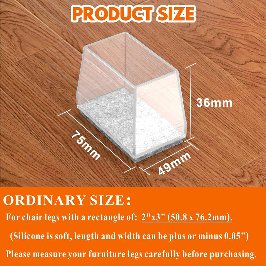 Rectangle Chair Leg Protectors for Hardwood Floors,16 PCS Silicone Covers to Protect Wood Tile Floors Felt Pads Furniture Leg Caps Reduce Noise. Easy to Move. (Clear,2 x 3 Inch, Rectangular)