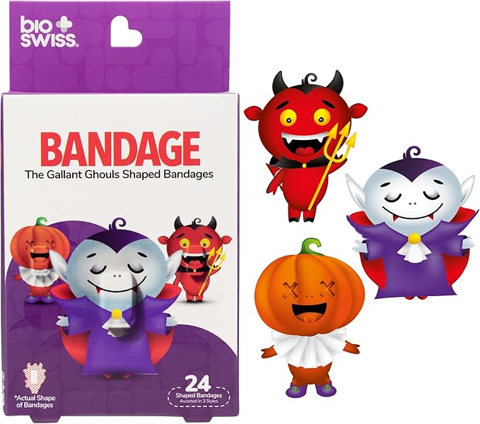 BioSwiss Bandages, Halloween Ghouls Shaped Self Adhesive Bandage, Latex Free Sterile Wound Care, Fun First Aid Kit Supplies for Kids and Adults, 24 Count
